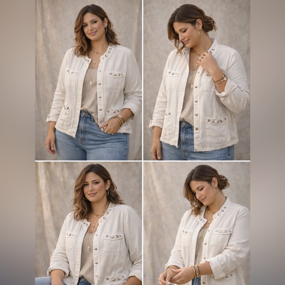 Ruby Rd. Embellished Linen Blend Jacket Women’s 16 White Beige Boho Chic Casual